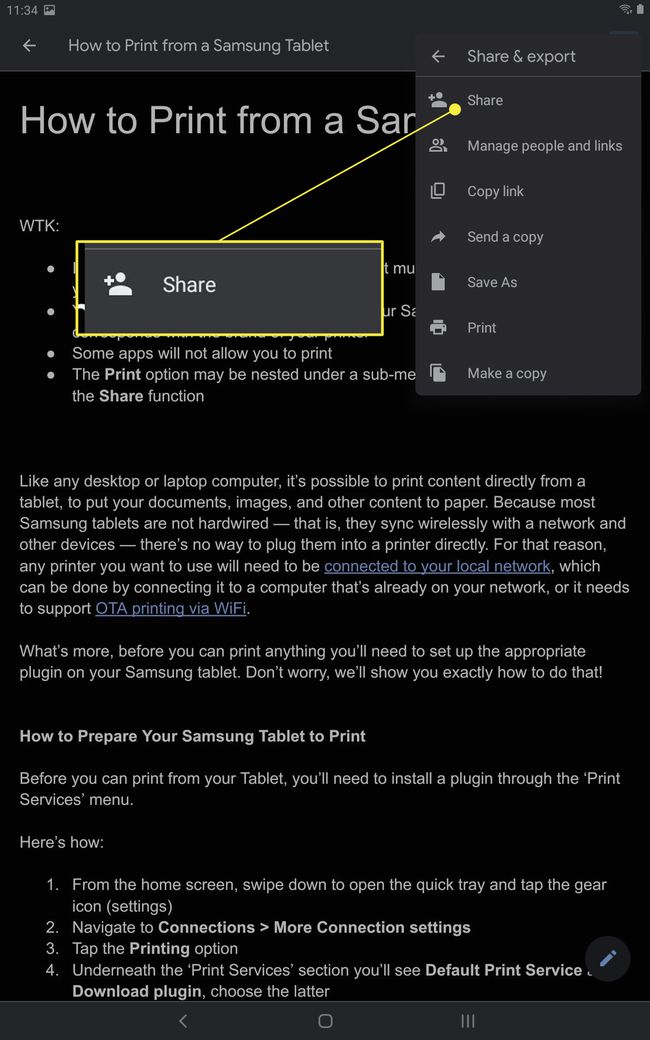 Samsung Tablet -tulostusvaihtoehto Google-dokumenteissa Share korostettuna