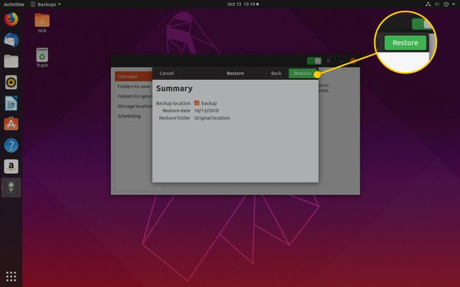 Palauta-painike Ubuntun varmuuskopiointiikkunasta
