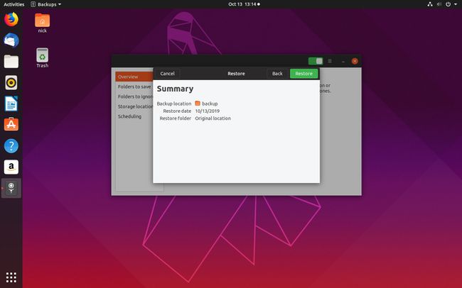 Yleiskatsaus-ikkuna Ubuntu-varmuuskopion palauttamiseen