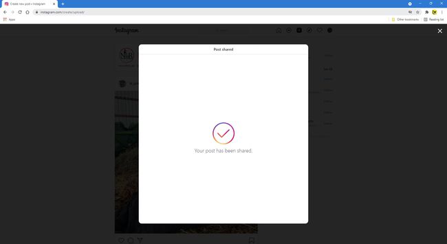 Onnistunut postaus Instagramissa tietokoneen kautta.