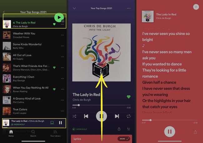 Spotify Lyrics iOS:ssä, kappale korostettuna ja pyyhkäisemällä ylöspäin