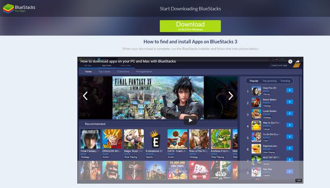BlueStacks-emulaattorien lataussivu, joka näyttää sovelluksen näytön.