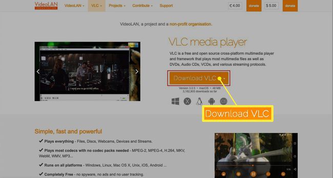 VLC-verkkosivusto, jossa Lataa VLC -painike korostettuna