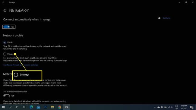 Yksityinen merkitty Verkkoprofiili-kohtaan Windows 10:n verkkoasetuksissa