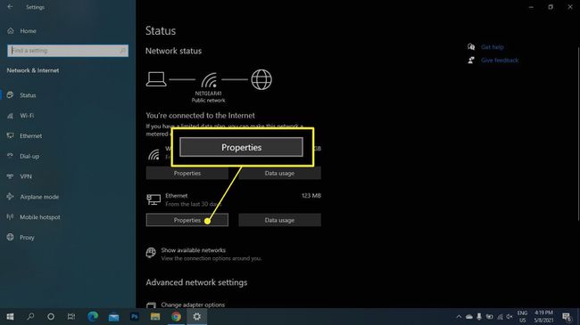 Ominaisuudet korostettuna Windowsin verkkoasetusten Ethernet-kohdassa