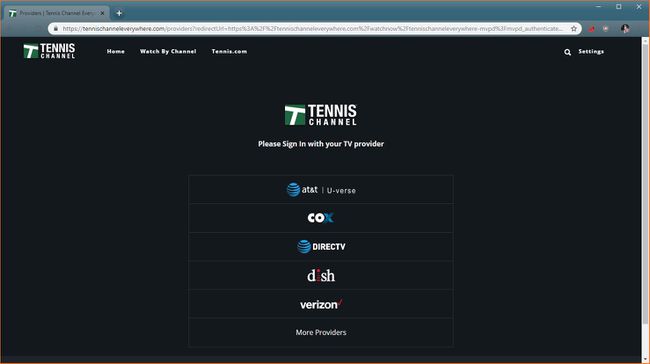 Kuvakaappaus Tennis Channel -palveluntarjoajan valintasivulta.