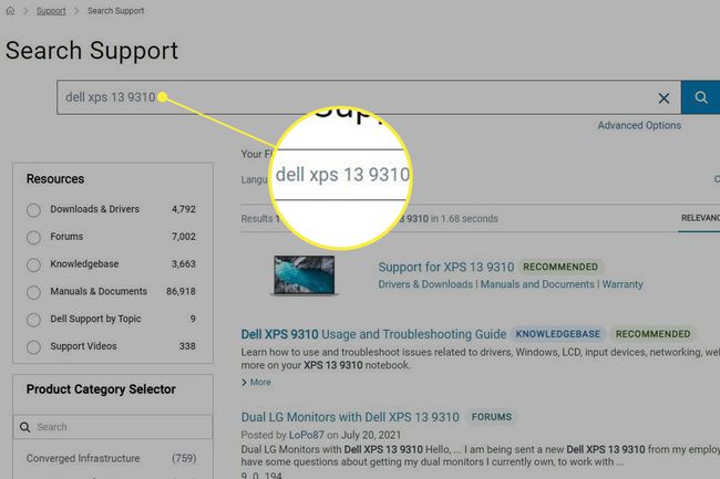 Dellin asiakastuen hakusivu, jonka mallinumero on korostettuna hakukentässä