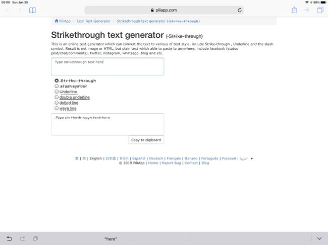 iPadin Safari-kuvakaappaus piliapp Strikethrough -generaattorista.