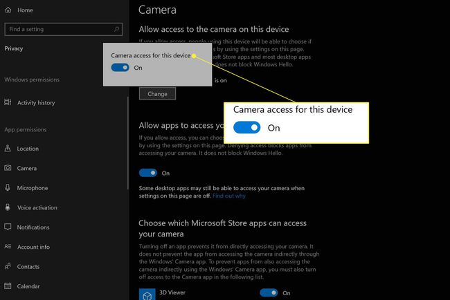 Windows 10 Camera Privacy -sovellus ja kameran käyttökytkin on päällä