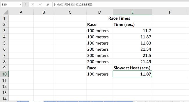 Kuvakaappaus Excelin MAX-taulukkofunktiosta, joka näyttää hitain ajan (sekunteina) eri kilpailuajoista.
