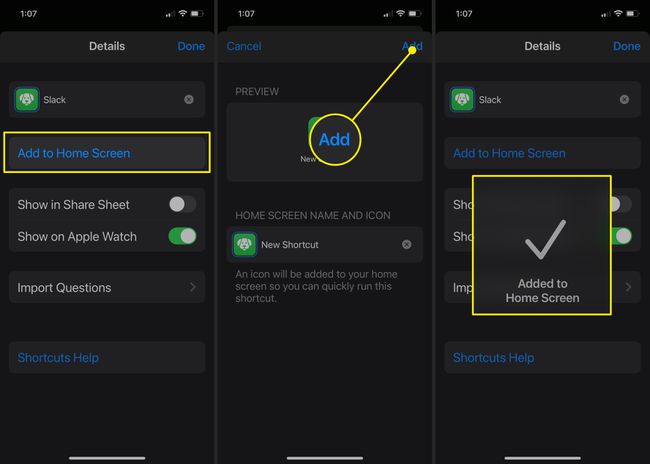 Kuvakaappauksia uuden pikakuvakkeen lisäämisestä iOS 14:n kotisivulle.