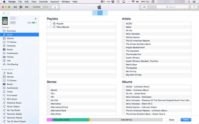 iTunesissa iPadin kanssa synkronoitavat kohteet