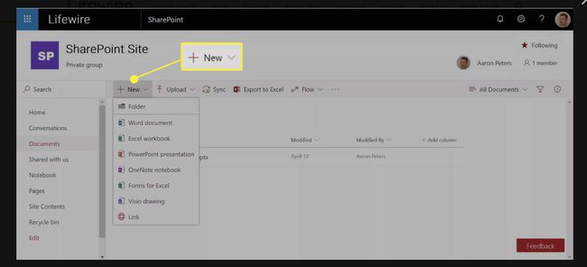 Valitse SharePoint-sivustoikkunassa "Uusi" Asiakirjat-osiossa.