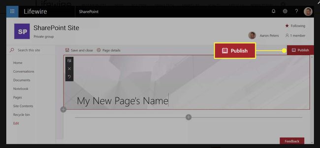 "Julkaista" SharePoint-sivuston ikkunassa.