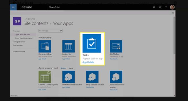 sovellus "Tehtävät" SharePoint-sivuston sisältöön.