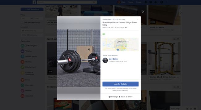 Tuote lähikuva Facebook Marketplace -verkkosivustolla.