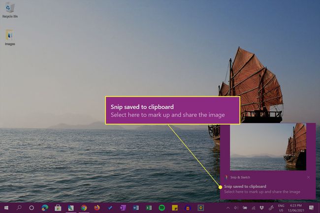 Windows 10 Snipping Tool ottaa kuvakaappauksen HP Envy -kannettavan työpöydältä ilmoituksen korostettuna