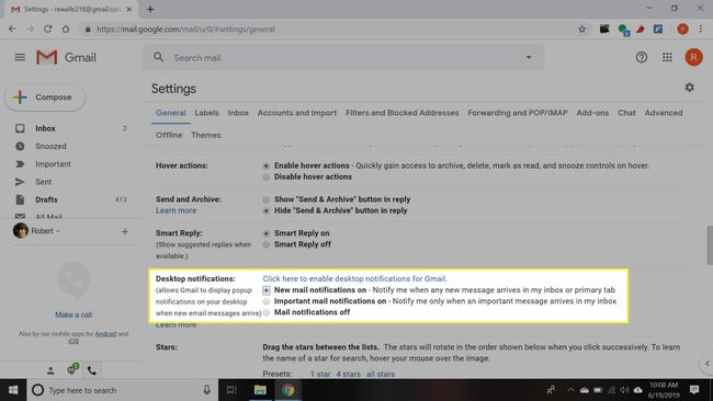 Gmailin yleiset asetukset ja työpöydän ilmoitusasetukset korostettuina