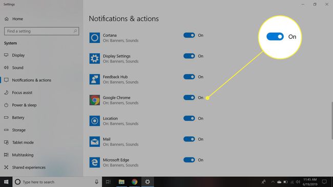 Windowsin ilmoitusasetukset, joissa Chrome-kytkin on korostettuna
