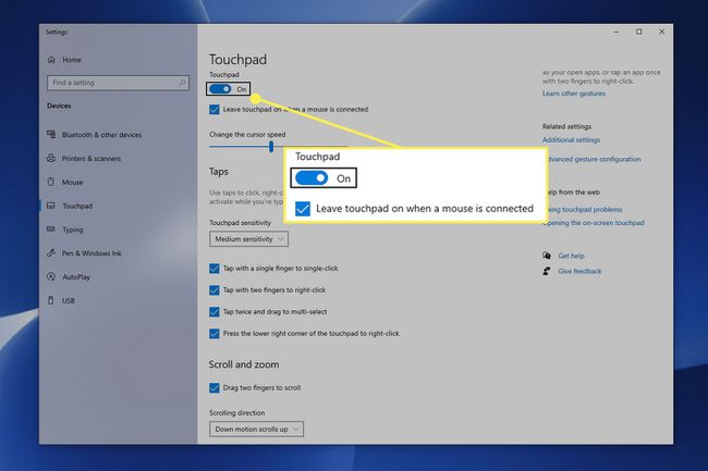 Kosketuslevypainike on käytössä Windows 10:n asetuksissa