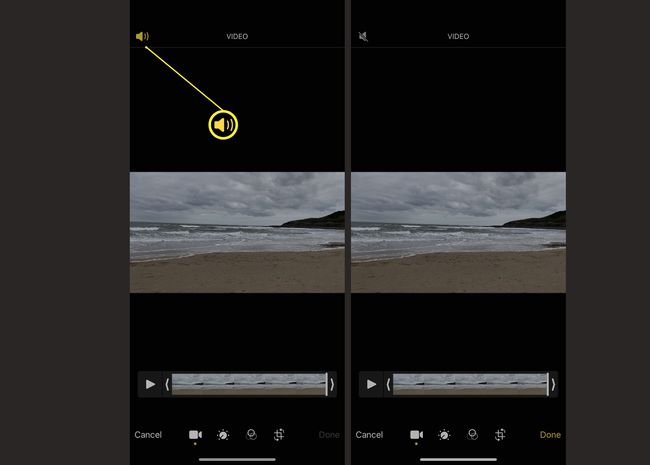 Pakolliset vaiheet iOS Photos -sovelluksessa äänen poistamiseksi videosta.