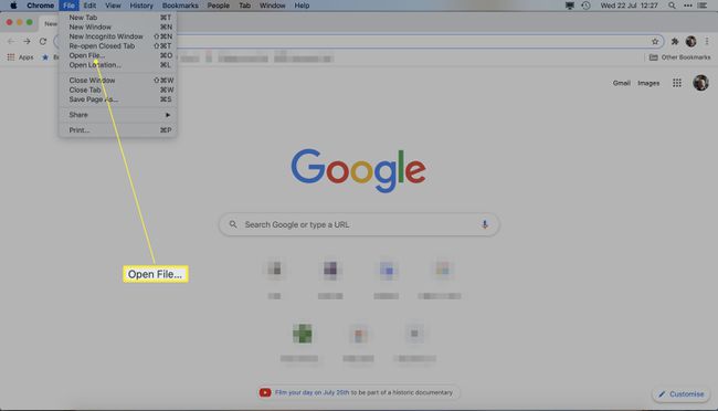 Google Chrome Avaa tiedosto korostettuna