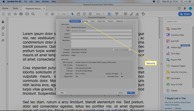 Adobe Acrobat Pro DC näyttää PDF-dokumentin ominaisuudet