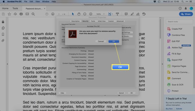 Adobe Acrobat Pro DC näyttää Ok-valintaikkunan tiedoston suojauksen poistamiseksi käytöstä