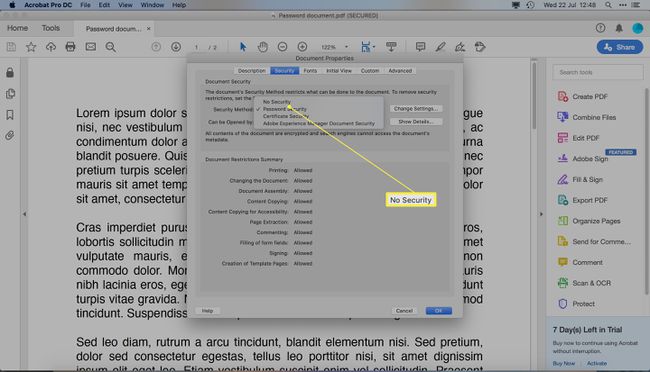 Adobe Acrobat Pro DC, jossa on korostettuna salasanasuojausmenetelmän vaihtoehdot, mukaan lukien Ei suojausta