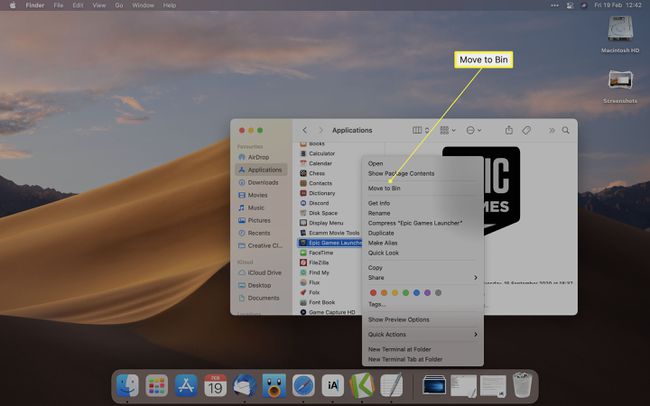 Mac-sovelluskansio, jossa on Epic Games Launcher -painike hiiren oikealla painikkeella ja Siirrä roskakoriin -vaihtoehto korostettuna