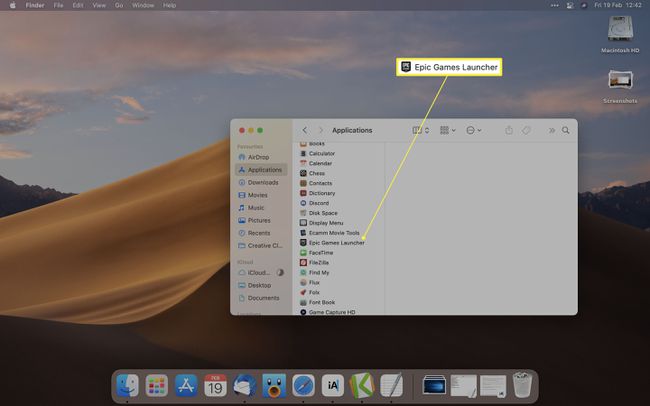Mac-sovellukset, joissa Epic Games Launcher on korostettuna
