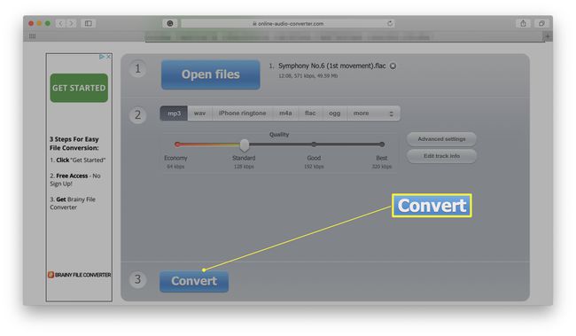 Online Audio Converter -sivusto, jossa Muunna-painike on korostettuna