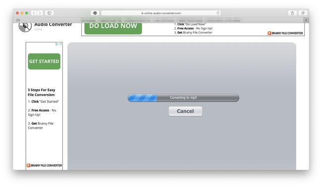 Online Audio Converter -verkkosivusto tiedoston muuntamisen MP3-muotoon puolivälissä