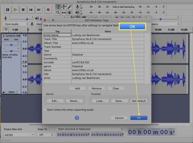 Audacity-sovellus, jossa on Export to MP3 -valintaikkuna korostettuna ja mahdollisuus muokata metatietotunnisteita