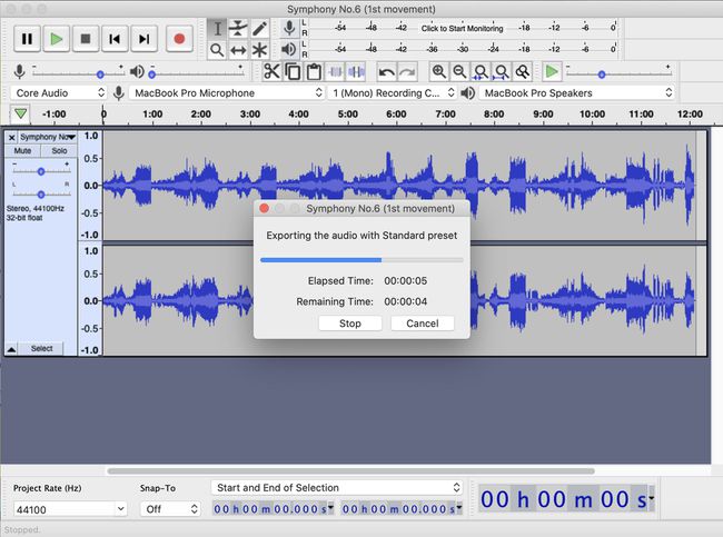 Audacity-sovellus näyttää MP3-prosessin viennin aikajanan