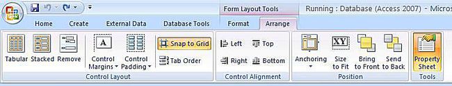 Microsoft Access 2007 Arrange Tools -kuvakaappaus