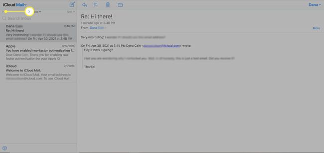 Valitse oikea nuoli iCloud Mailin vasemmasta yläkulmasta