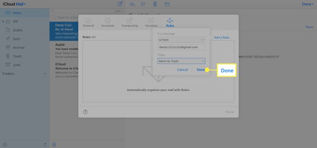 Valitse "Valmis" säännön lisäämisen jälkeen iCloud Mailissa
