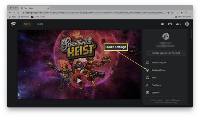 Google Stadia -sivusto, jossa Stadia-asetukset korostettuina