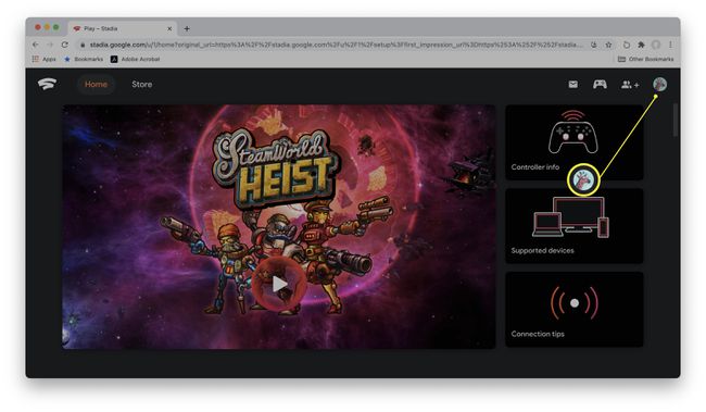 Google Stadia -sivusto, jossa profiilikuva korostettuna