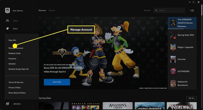 Hallinnoi tiliä -vaihtoehto Epic Games Launcherissa.