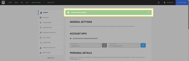 Vihreä vahvistuspalkki siitä, että Epic Games -nimesi on muutettu.