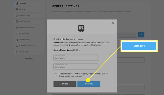 Vahvistuspainike vahvistaaksesi, että haluat vaihtaa nimesi Epic Gamesissa ja Fortnitessa.