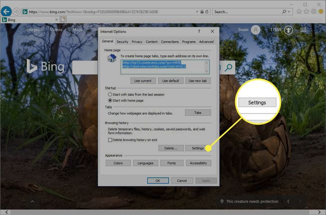 Asetukset-painike IE:ssä Yleiset asetukset