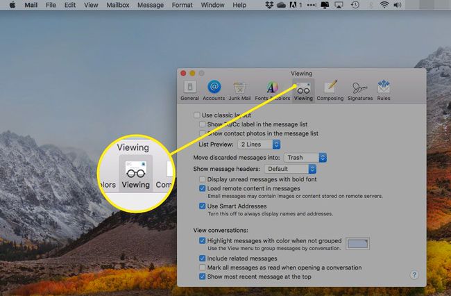Asetukset OS X Mailissa Näytä-välilehti korostettuna