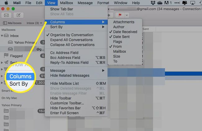 Lähetä sähköpostia OS X:ssä Näytä-valikon Sarakkeet-otsikon korostettuna