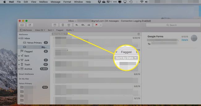 OS X Mail in box, jossa Lajittele otsikko korostettuna