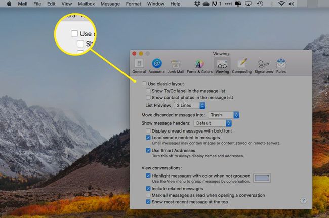 OS X Mail -asetusten näyttöikkuna, jonka vieressä on ruutu "käytä klassista asettelua" merkitty