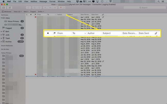 OS X Mail klassisessa asettelussa sarakkeet korostettuina