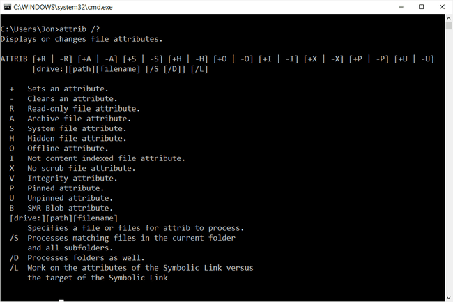 Attrib-komentoasetukset Windows 10:n komentokehotteessa